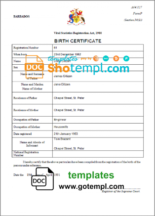 editable template, Barbados birth certificate template in Word and PDF format
