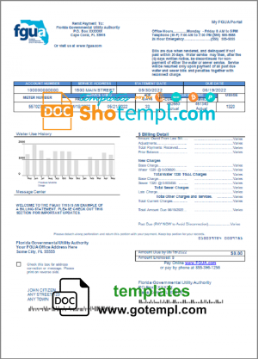 editable template, USA Florida FGUA utility bill template in Word and PDF format