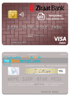editable template, Uzbekistan Ziraat Bank visa debit card template in PSD format