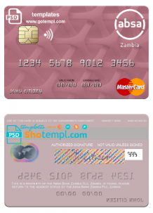 editable template, Zambia Absa Bank Zambia Plc mastercard credit card template in PSD format