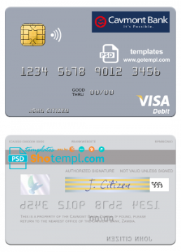 editable template, Zambia Cavmont Bank visa debit credit card template in PSD format