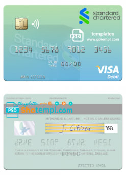 editable template, Zimbabwe Standard Chartered visa debit credit card template in PSD format