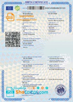 Germany birth certificate template in PSD format, fully editable