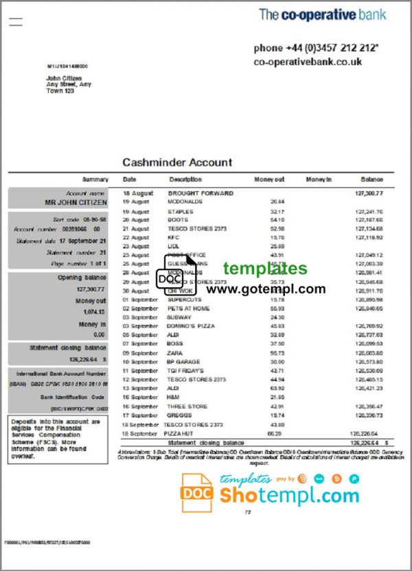 editable template, United Kingdom The Co-operative bank statement in Word and PDF format