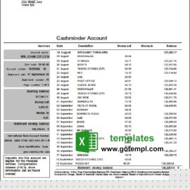 editable template, United Kingdom The Co-operative bank statement in Excel and PDF format