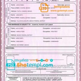 editable template, Mexico marriage certificate template in PSD format, fully editable