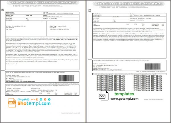 editable template, USA Form I-797B, Notice of Action template in Word and PDF format (2 pages)