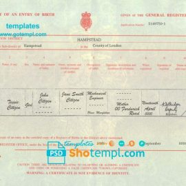 editable template, United Kingdom birth certificate template in PSD format, fully editable