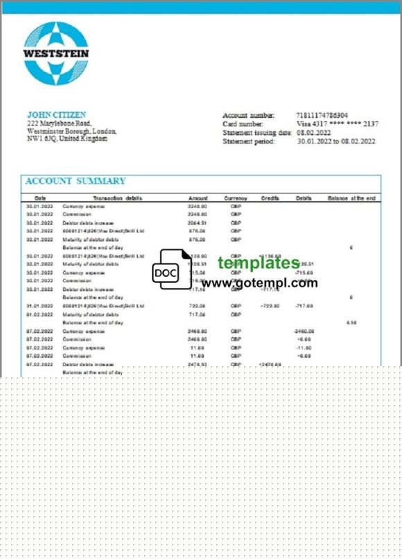 editable template, United Kingdom WestStein Bank statement template in Word and PDF format