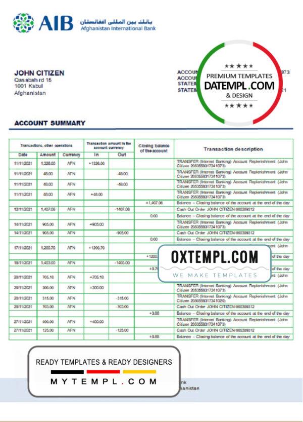 editable template, Afghanistan Aib bank statement template in Excel an PDF format