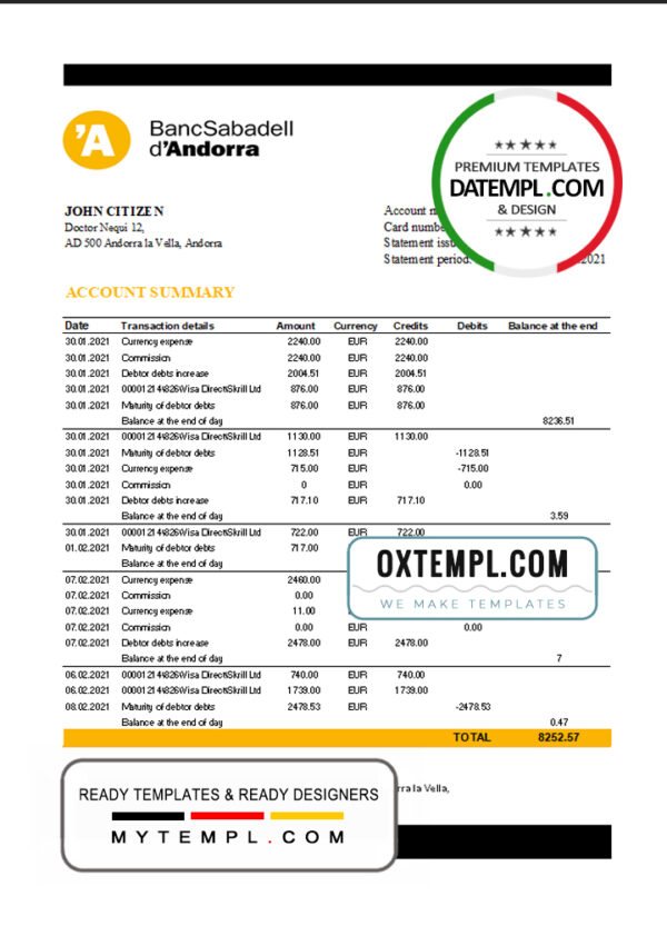 editable template, Andorra BancSabadell d'Andorra bank statement template in Excel and PDF format