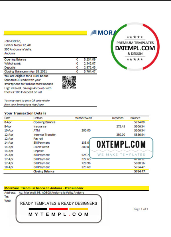editable template, Andorra MoraBank bank statement template in Excel and PDF format