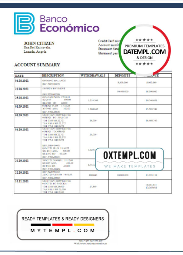 editable template, Angola Banco Ecenomico bank statement template in Excel and PDF format