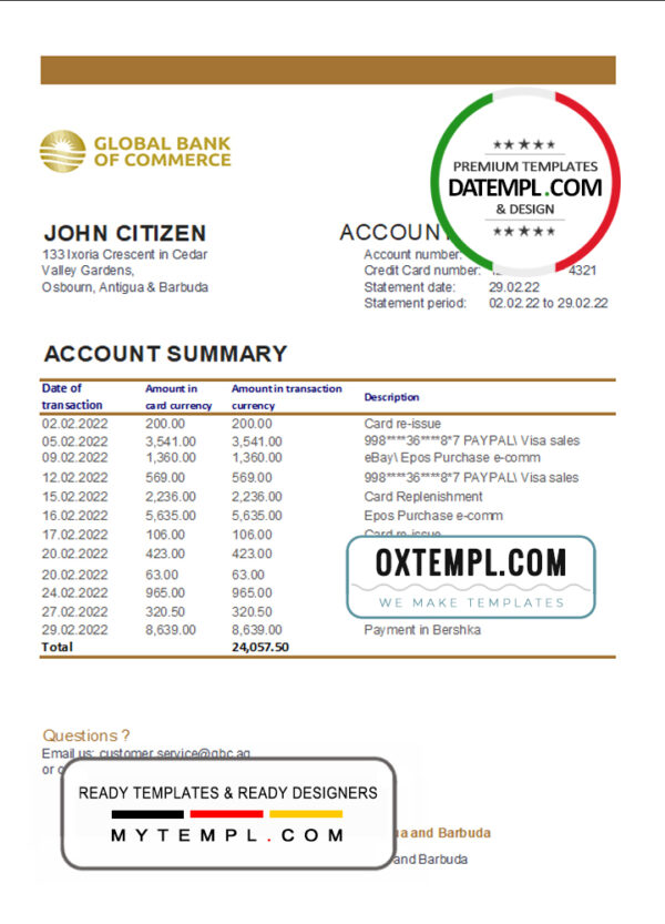 editable template, Antigua and Barbuda Global Bank of Commerce bank statement template in Excel and PDF format