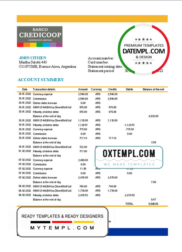 editable template, Argentina Banco Credicoop bank statement template in Excel and PDF format