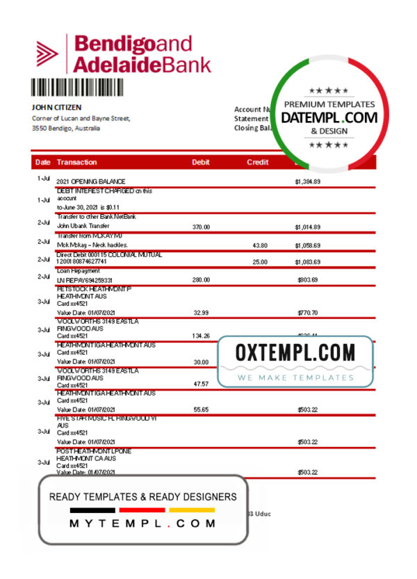 editable template, Australia Bendigo and Adelaide Bank bank statement template in Excel and PDF format