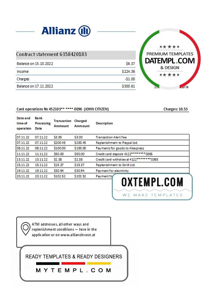 Austria Allianz Investment bank statement template in Excel and PDF