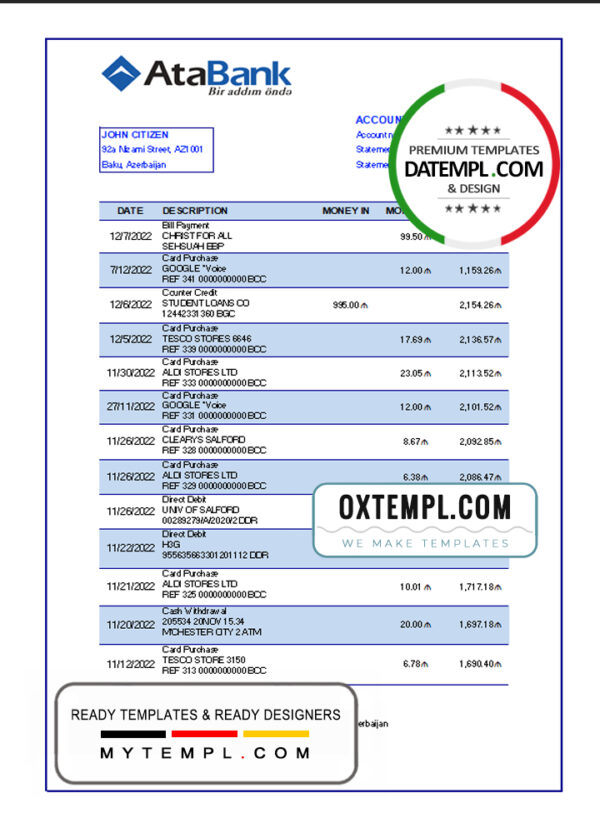 editable template, Azerbaijan AtaBank bank statement template in Excel and PDF format