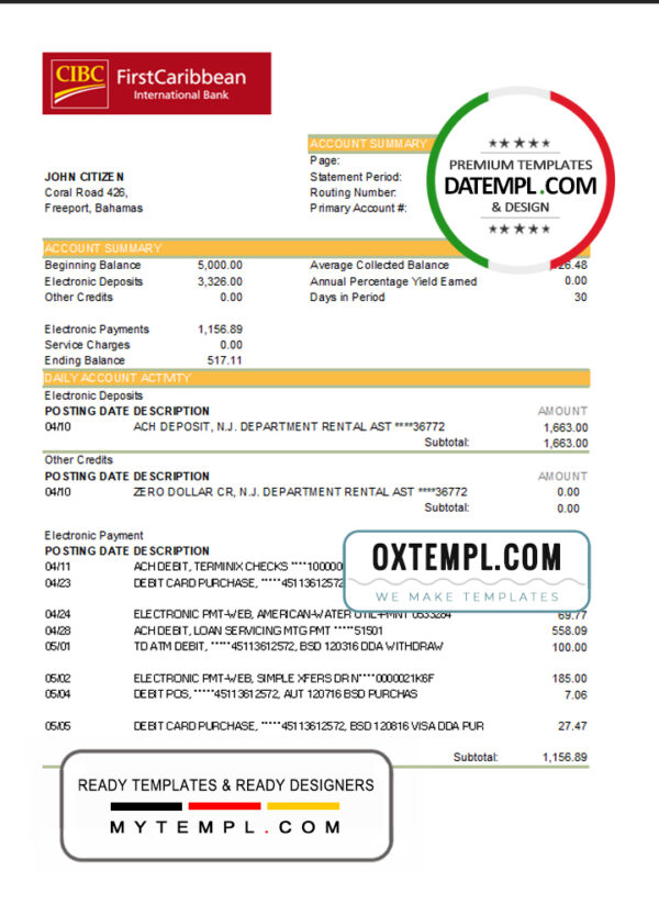 editable template, Bahamas FirstCaribbean International Bank statement template in Excel and PDF format