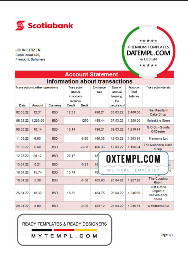 editable template, Bahamas Scotiabank bank statement template in Excel and PDF format