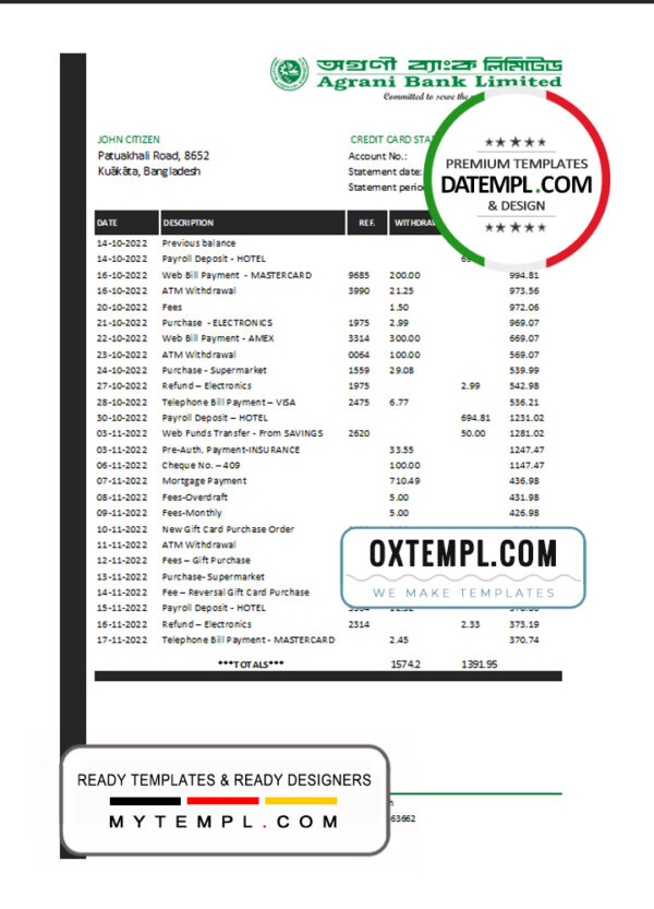editable template, Bangladesh Agrani Bank statement template in Excel and PDF format