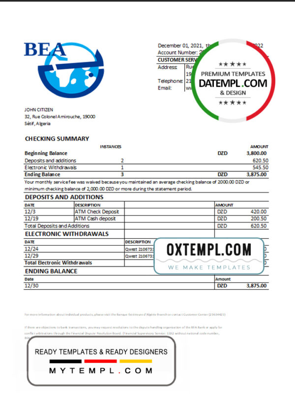 editable template, Algeria Banque extérieure d'Algérie bank statement template in Excel and PDF format