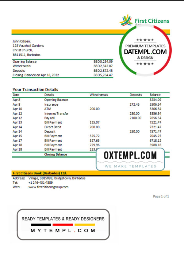editable template, Barbados First Citizens bank statement template in Excel and PDF format