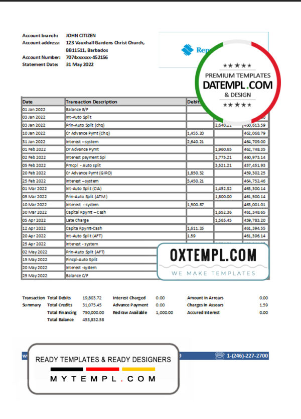 editable template, Barbados Republic Bank statement template in Excel and PDF format