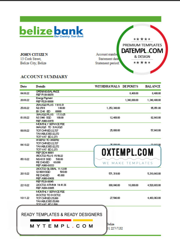 editable template, Belize bank statement template in Excel and PDF format, fully editable