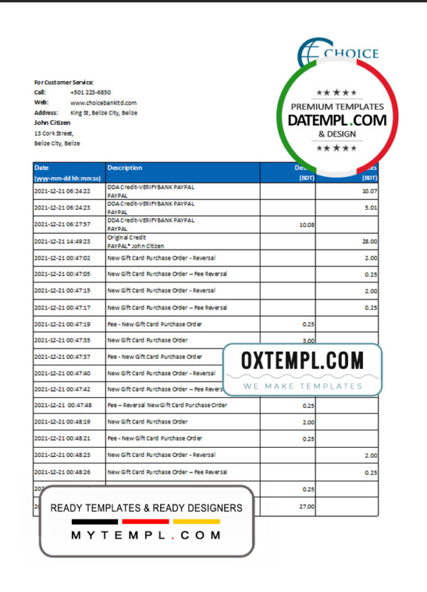 editable template, Belize Choice Bank statement template in Excel and PDF format