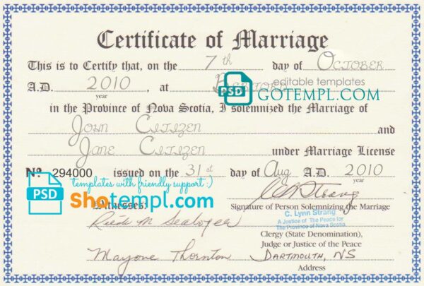 editable template, Canada Province of Nova Scotia marriage certificate template in PSD format