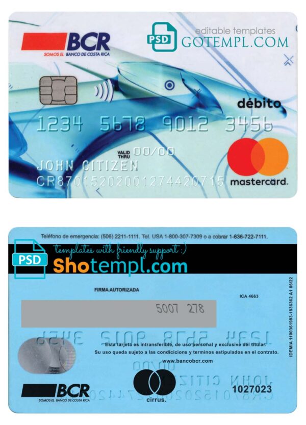 editable template, Costa Rica The Bank of Costa Rica bank mastercard debit card template in PSD format, fully editable, version 2