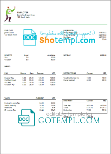 editable template, # green culture pay stub template in Word and PDF format