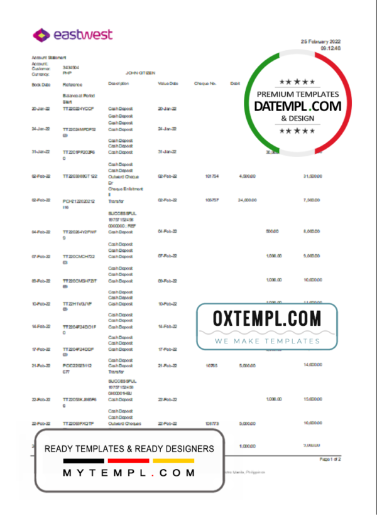 editable template, Philippines EastWest bank statement template in Excel and PDF format