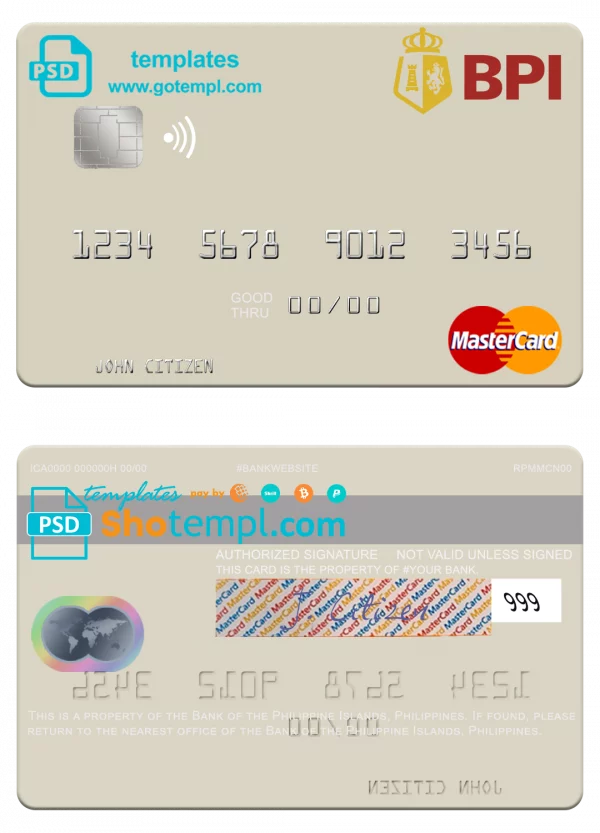 editable template, Philippines Bank of the Philippine Islands mastercard card template in PSD format, fully editable