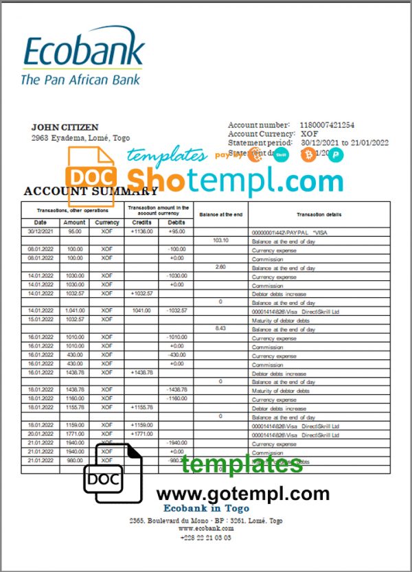 editable template, Togo Ecobank Bank statement template in Word and PDF format