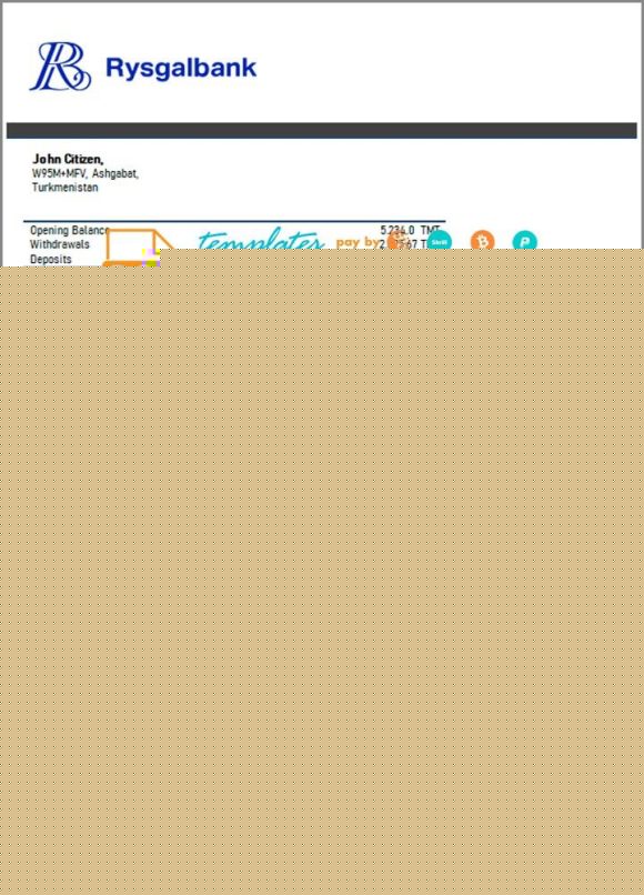 editable template, Turkmenistan Rysgal bank statement template, Word and PDF format (.doc and .pdf)