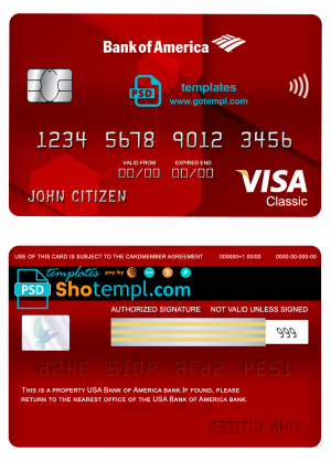 USA Bank of America bank visa classic card fully editable template in PSD format