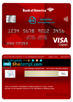 editable template, USA Bank of America bank visa classic card fully editable template in PSD format