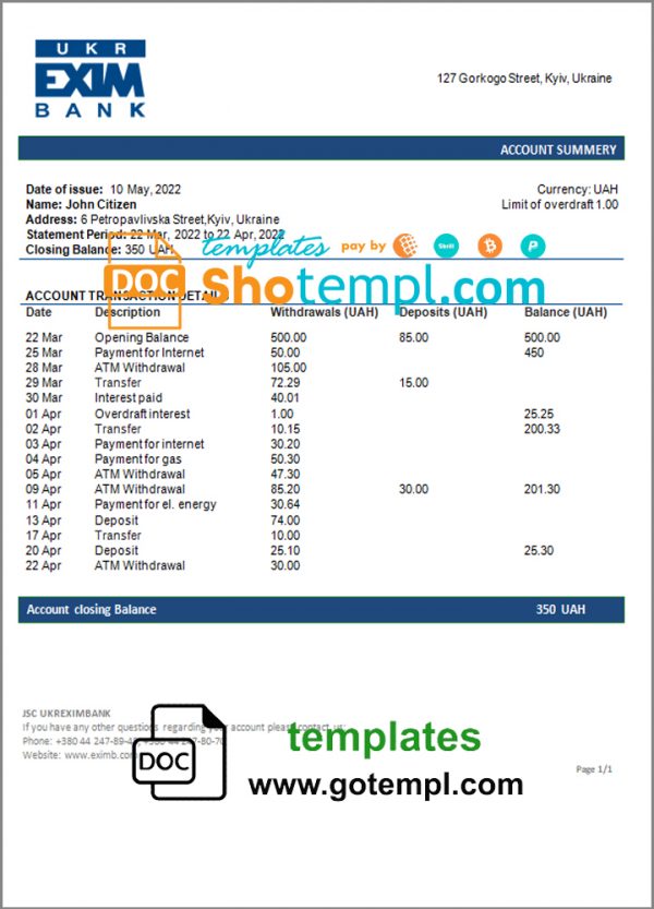 editable template, Ukraine Ukreximbank Bank statement template, Word and PDF format (.doc and .pdf)