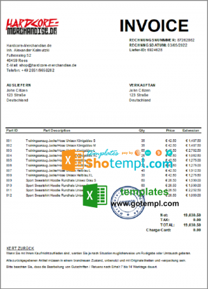 Germany Hardcore Merchandise invoice template in Excel and PDF format