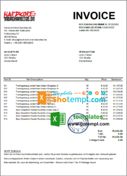 editable template, Germany Hardcore Merchandise invoice template in Excel and PDF format