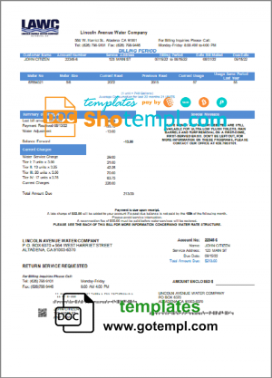 editable template, USA California Lincoln Avenue Water Company utility bill template in Word and PDF format