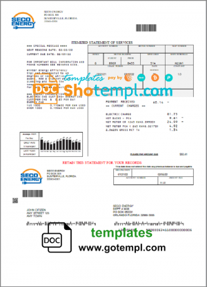 USA Florida Seco Energy utility bill template in Word and PDF format
