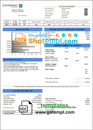 USA Georgia Savannah utility bill template in Word and PDF format