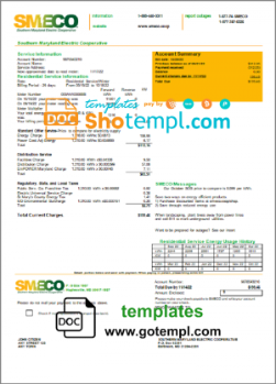 editable template, USA Maryland SMECO utility bill template in Word and PDF format