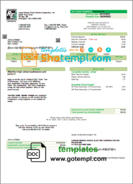 editable template, USA Ohio Lorain-Medina Rural Electric utility bill template in Word and PDF format