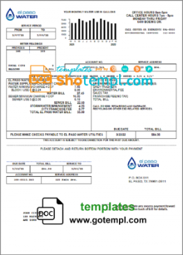 editable template, USA Texas El Paso Water utility bill template in Word and PDF format