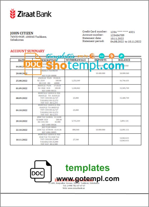 editable template, Uzbekistan Ziraat Bank statement template in Word and PDF format
