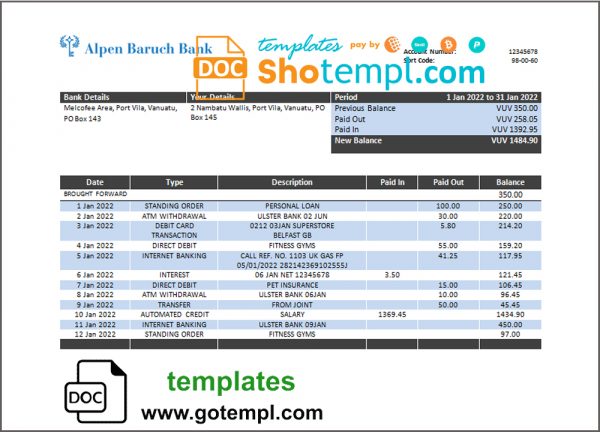 editable template, Vanuatu Alpen Baruch Bank statement template in Word and PDF format